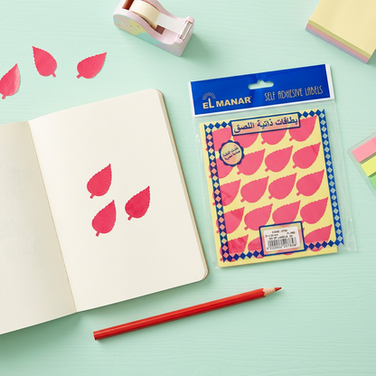 El Manar red leaf reward sticker sheet flatlay with peeled stickers