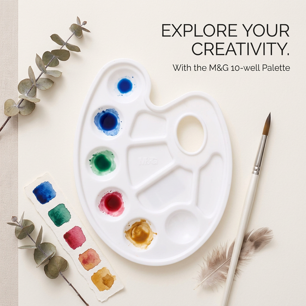 M&G 10-well watercolor palette tray in use flatlay with paints and brush