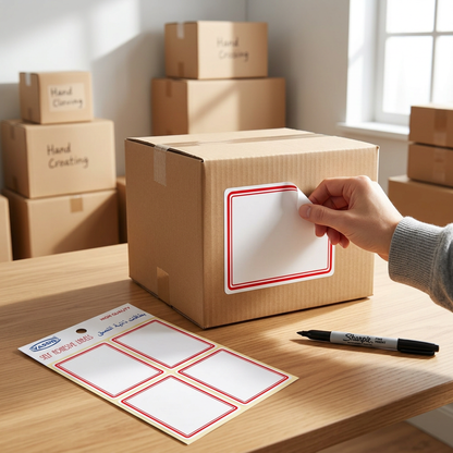 Labeling a carton box with a large white red-bordered self-adhesive label