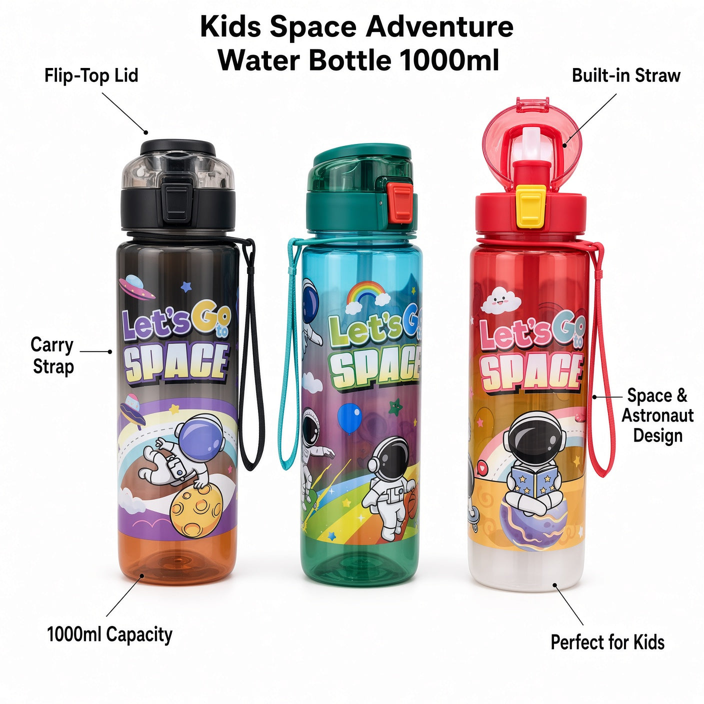 Kids Space Adventure Water Bottle 1000ml with Straw, Flip-Top Lid & Carry Strap - 1pcs
