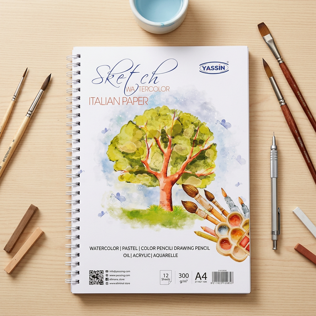 Yassin heavyweight A4 wire-bound sketchbook flatlay with pencil and charcoal