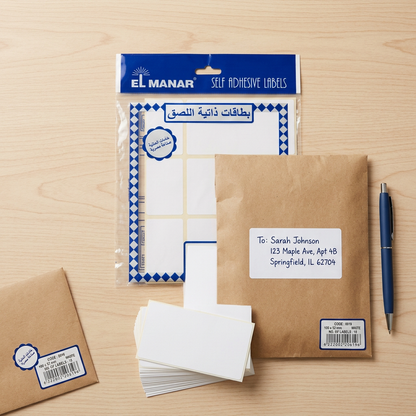 El Manar 100x52mm labels pack flatlay with addressed kraft parcel