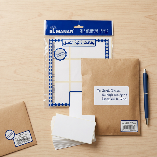 El Manar 100x52mm labels pack flatlay with addressed kraft parcel