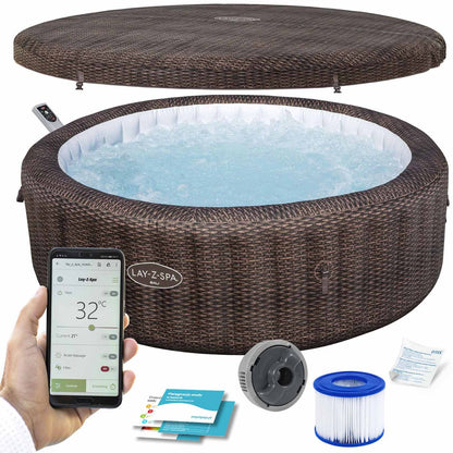 Bestway Lay-Z-SPA Bali Max Hold Energy Sense Ultra Fit Smart AirJet Rattan Round 2.16mx71cm WITH Built-in Intelligence - No:6001P