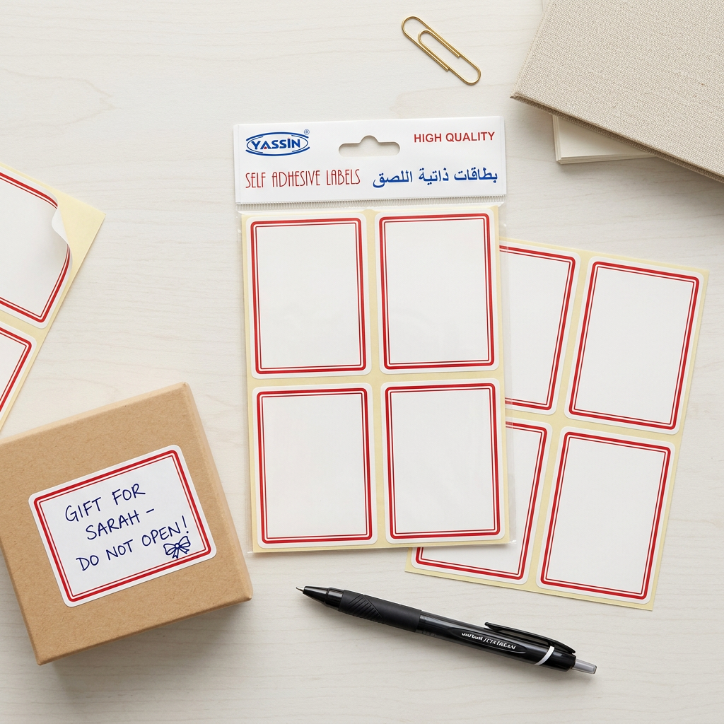 Large white red-bordered labels pack flatlay with handwritten box label