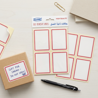 Large white red-bordered labels pack flatlay with handwritten box label