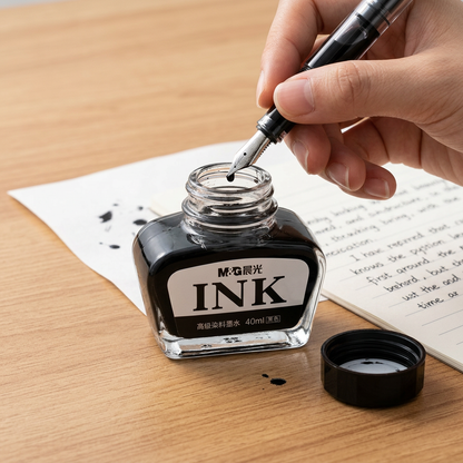 Hand refilling a fountain pen from M&G Advanced black dye ink 40ml bottle