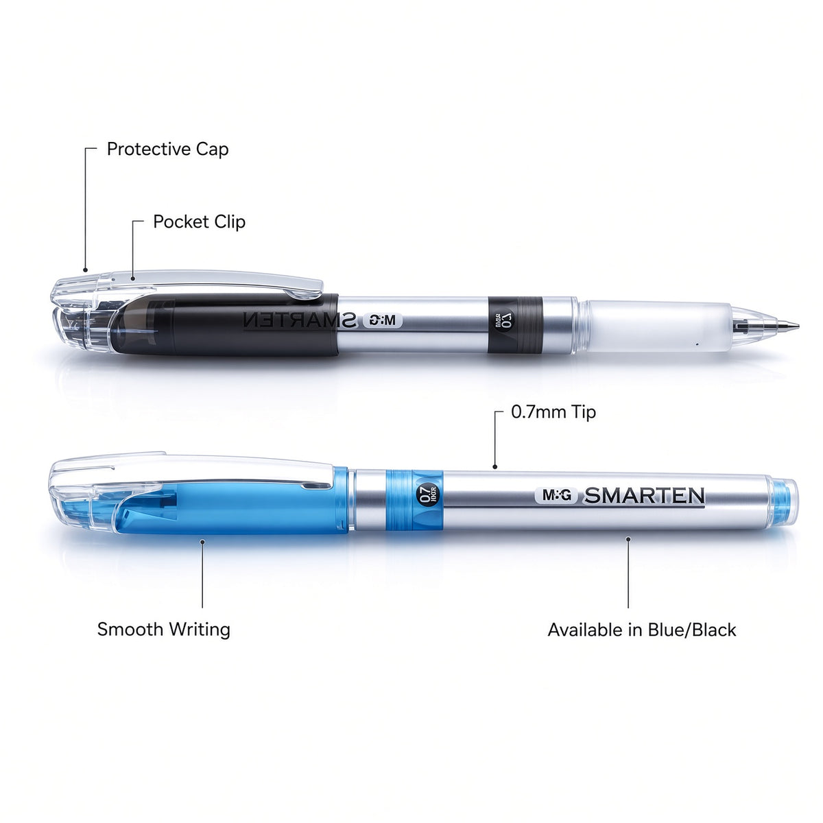 M&G Chenguang SMARTEN Ballpoint Pen 0.7mm – Smooth Blue Ink Writing Pen with Protective Cap - Blue or Black – 1 Pcs - No: AGP62571