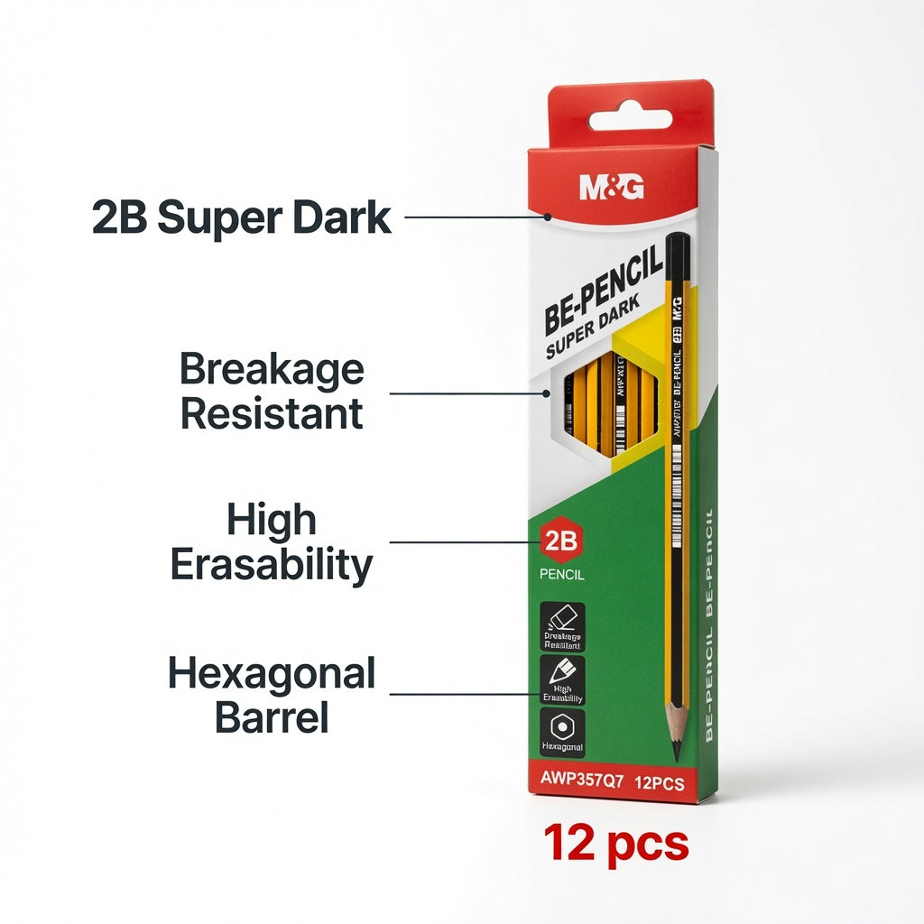 M&G Chenguang BE-PENCIL 2B Wooden Pencils – Exam Grade Hexagonal Graphite Pencils, Break-Resistant, High Erasability, Pack of 12 - No:AWP357Q7