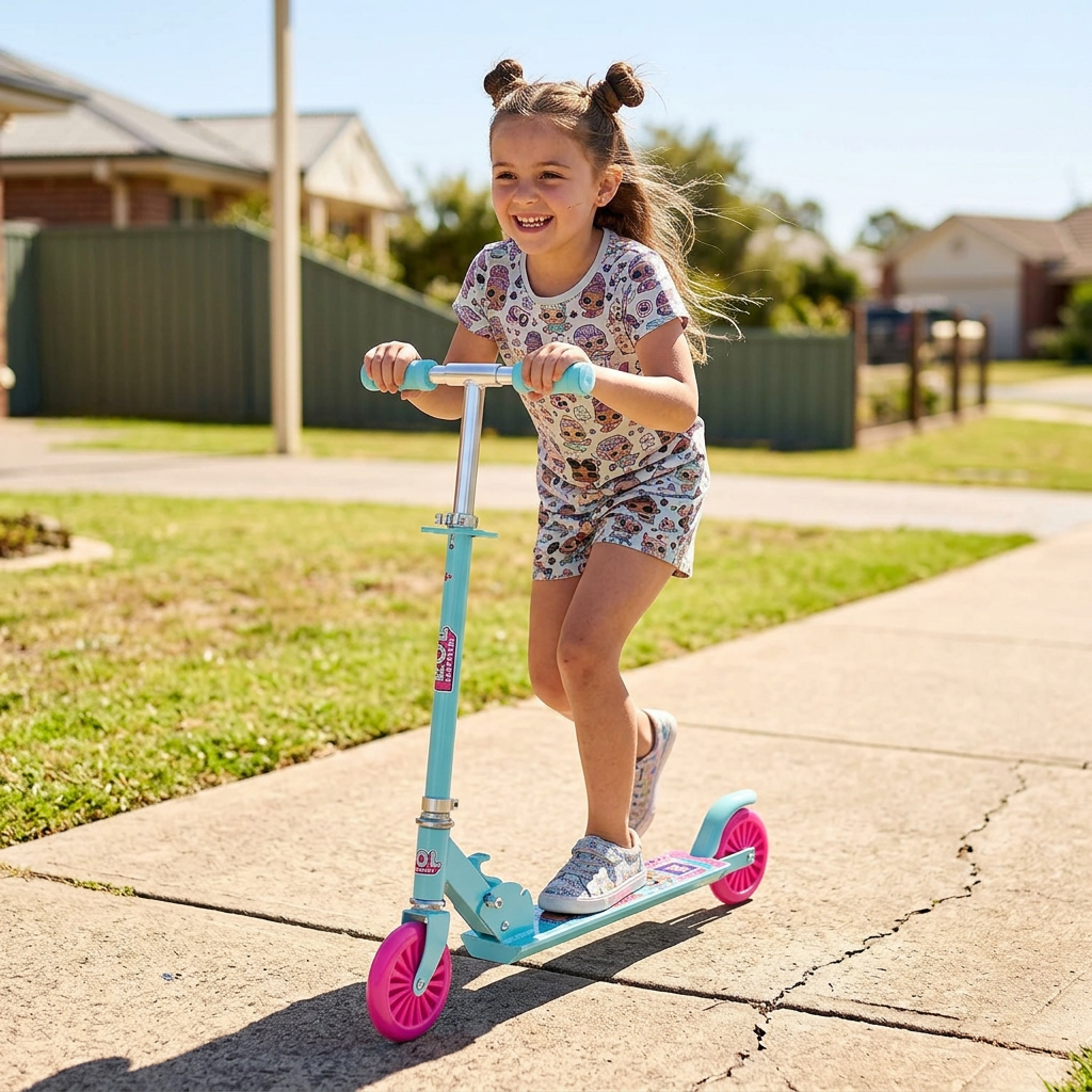 Girl riding the LOL Surprise folding scooter on a sidewalk