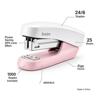 M&G Chenguang EaseJoy Stapler with 1000 Staples, 24/6, 25-Sheet Capacity, Power-Saving Design, Assorted Color - 1pcs - No: ABS916LD