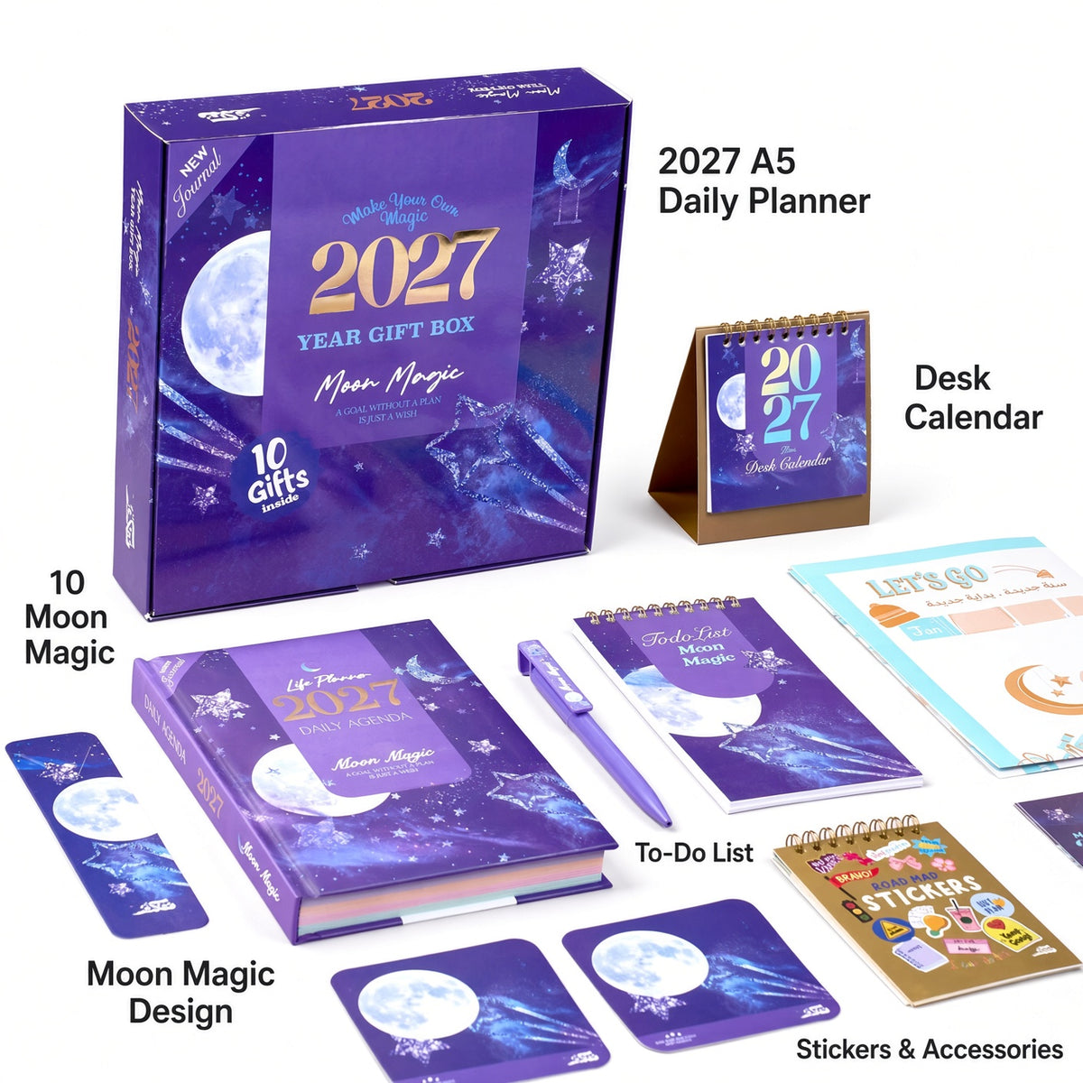 Mofakera Moon Magic 2027 Year Gift Box – Luxury A5 Daily Planner & 10-Piece Stationery Gift Set - Purple ( Agenda )