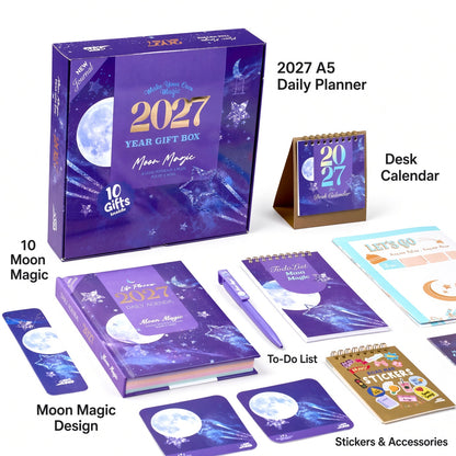 Mofakera Moon Magic 2027 Year Gift Box – Luxury A5 Daily Planner & 10-Piece Stationery Gift Set - Purple ( Agenda )