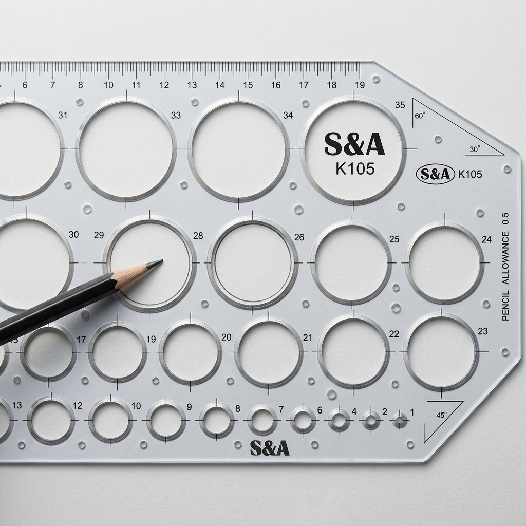 S&A circles stencil ruler in use tracing circles on a technical drawing