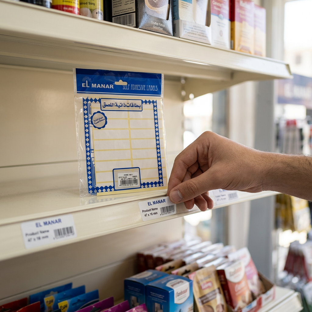 Applying a narrow white El Manar label to a shelf edge