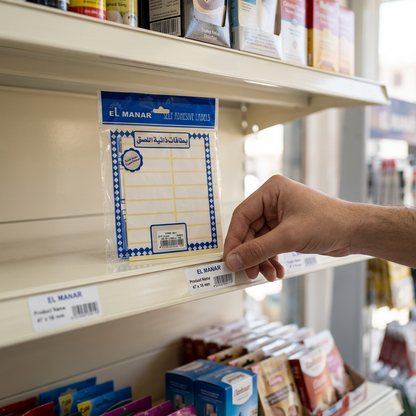 Applying a narrow white El Manar label to a shelf edge