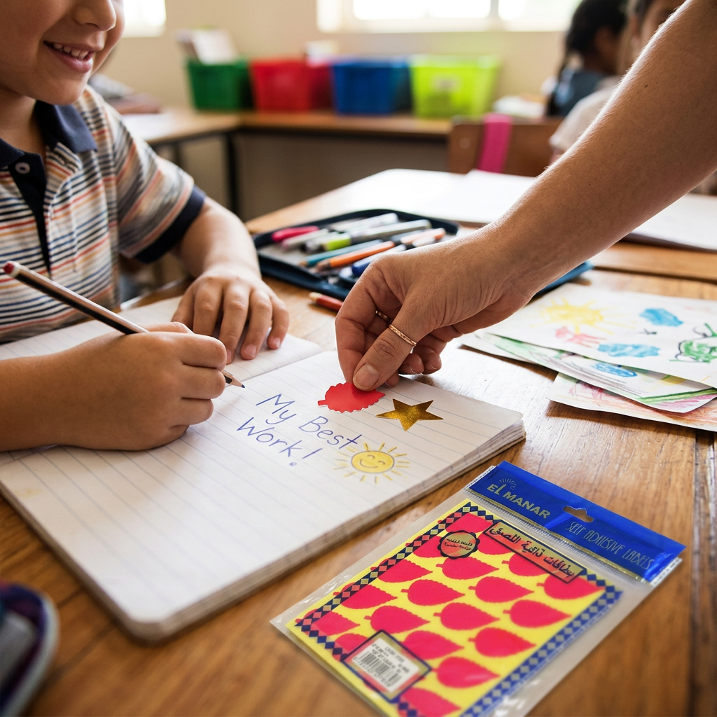 Teacher placing an El Manar red leaf reward sticker on a child's notebook