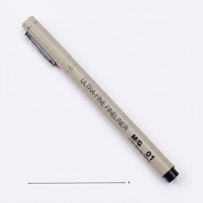 M&G 0.1mm ultra-fine fineliner pen flatlay with line-art drawing