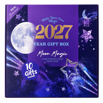 Mofakera Moon Magic 2027 Year Gift Box – Luxury A5 Daily Planner & 10-Piece Stationery Gift Set - Purple ( Agenda )