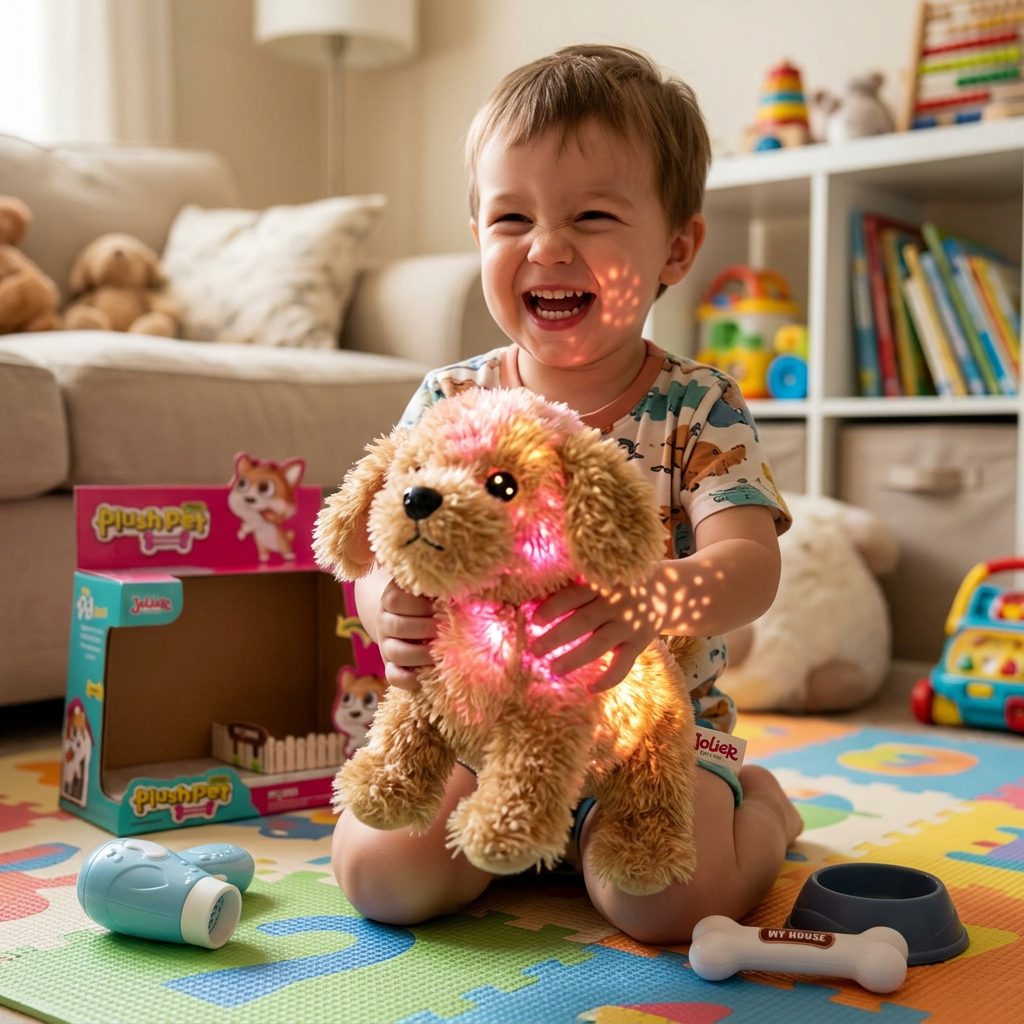 Child playing with the Jolier light-up puppy plush pet and pet house