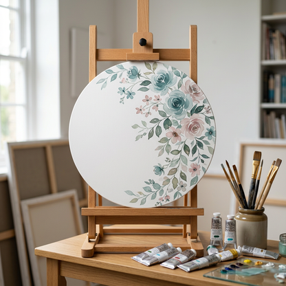 Round canvas board on an easel with a floral design in an art studio