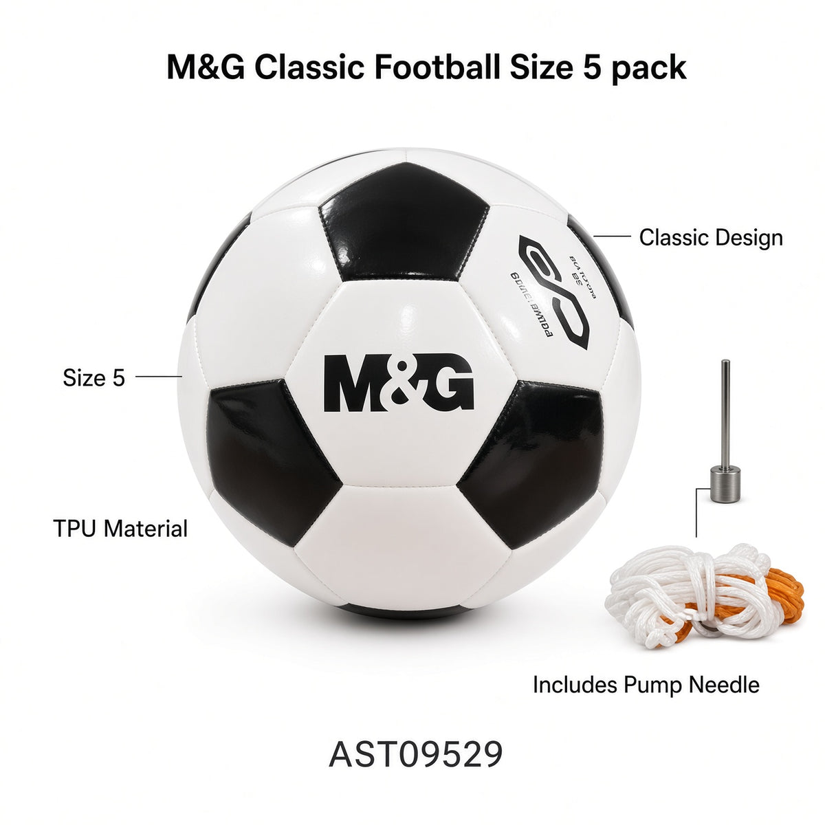 M&G Chenguang Classic Football Size 5 TPU Soccer Ball with Pump & Accessories – No: AST09529