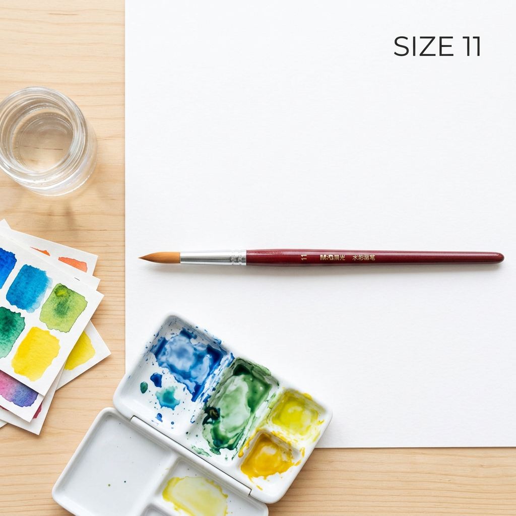 M&G watercolor round brush size 11 flatlay with palette and swatches