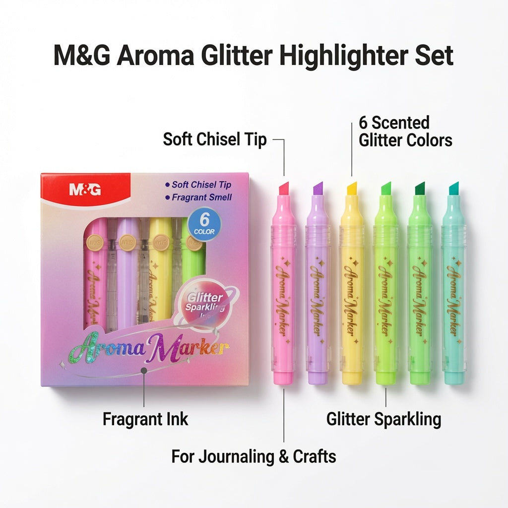 M&G Chenguang Aroma Glitter Highlighter Set – 6 Scented Glitter Colours, Soft Chisel Tip, Fragrant Ink for Journaling, Crafts, School & Office - No: APMV09F5
