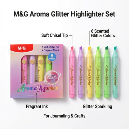 M&G Chenguang Aroma Glitter Highlighter Set – 6 Scented Glitter Colours, Soft Chisel Tip, Fragrant Ink for Journaling, Crafts, School & Office - No: APMV09F5