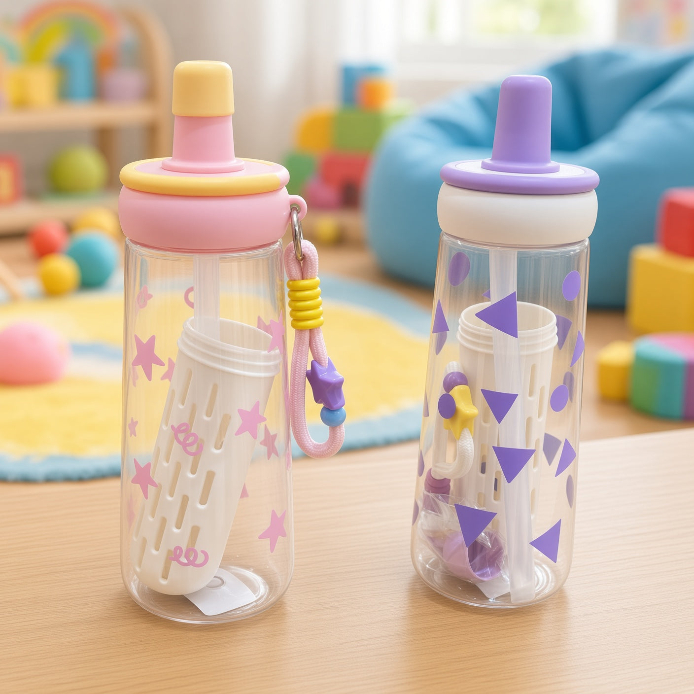800ml Kids Water Bottle with Straw, Carry Strap & Protective Silicone Sleeve - 1pcs - Assorted Color