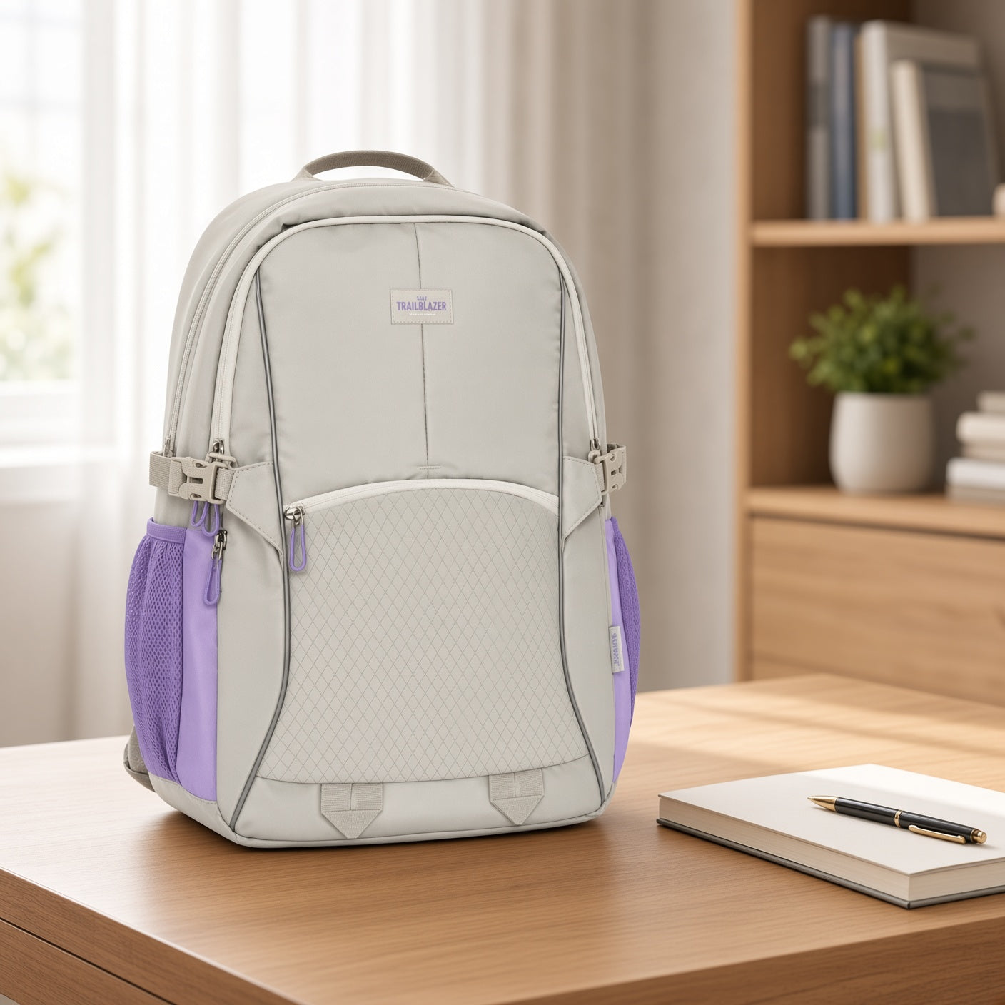 M&G Chenguang Trailblazer 18-Inch School Backpack – Lightweight, Comfortable & Water-Resistant, Grey & Purple - No: ABB904V2M5