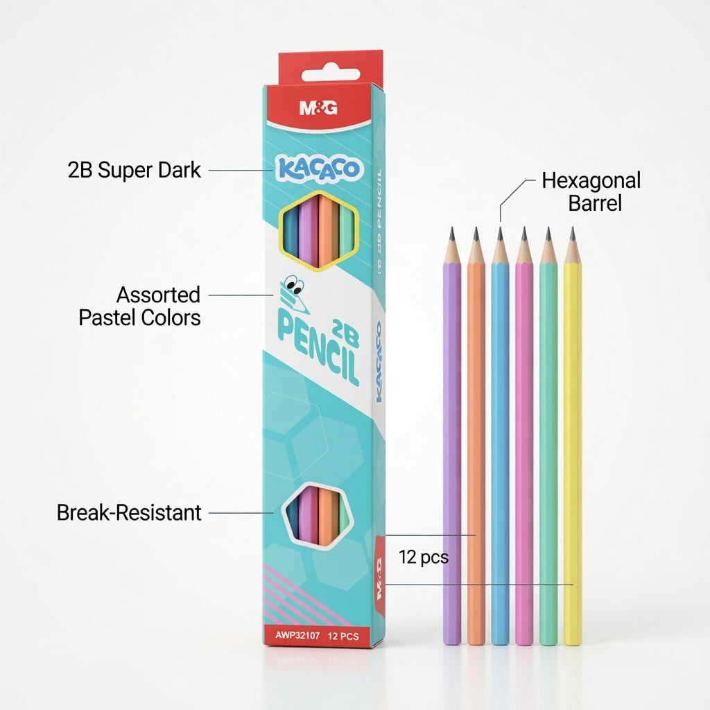 M&G Chenguang Kacafao 2B Wooden Pencils – Super Dark Graphite, Assorted Pastel Colors, 12-Pack, School & Sketching  - No: AWP32107