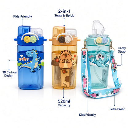 Cute Kids Cartoon Water Bottle with Straw & Carry Strap  2 in 1 Straw and Light Wide Capacity Cartoon Square Drinking Cup with Binoculars for Students - Double Cup Leak Proof Safe Lid – 520ml - 1pcs