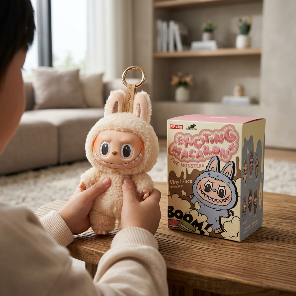 Child holding the Labubu Wings of Fortune vinyl plush in a cozy room