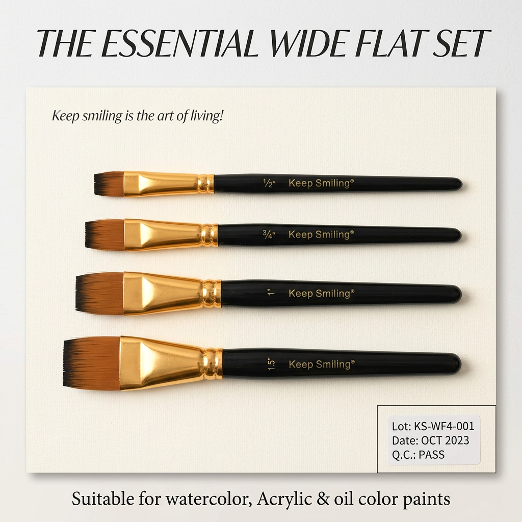 Keep Smiling set of 4 paint brushes flatlay with palette and swatches