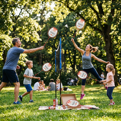 Family playing badminton with M&G M2 lightweight rackets