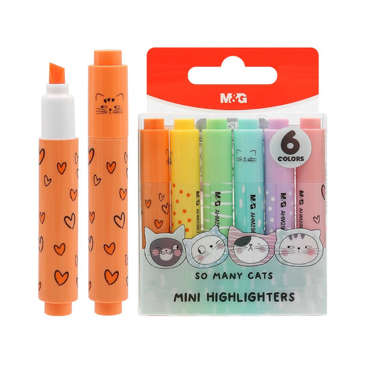 M&G Chenguang So Many Cats Mini Highlighters – 6 Pastel Colors, Chisel Tip, Cute Pocket-Sized Highlighter Set - 1pcs - No: AHM29677